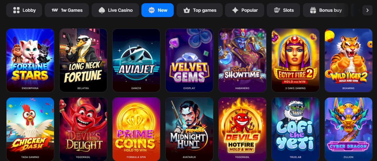 Juegos y tragamonedas 1win