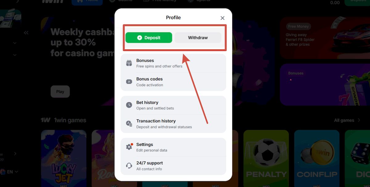 Cómo depositar y retirar fondos en el casino 1win