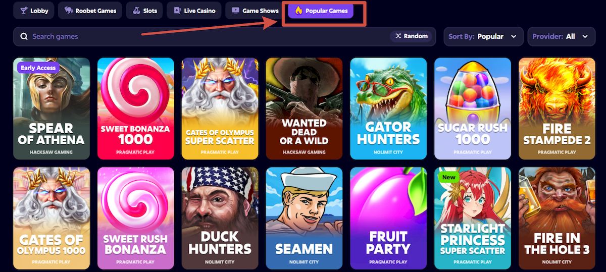 Todos los juegos y tragamonedas de Roobet