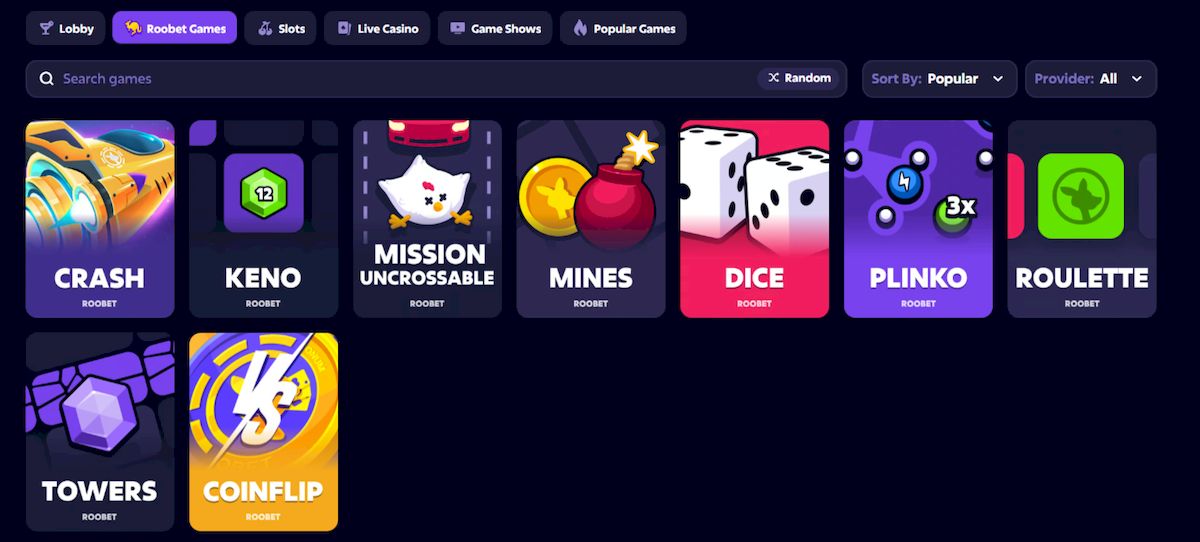 Todos los juegos y tragamonedas de Roobet